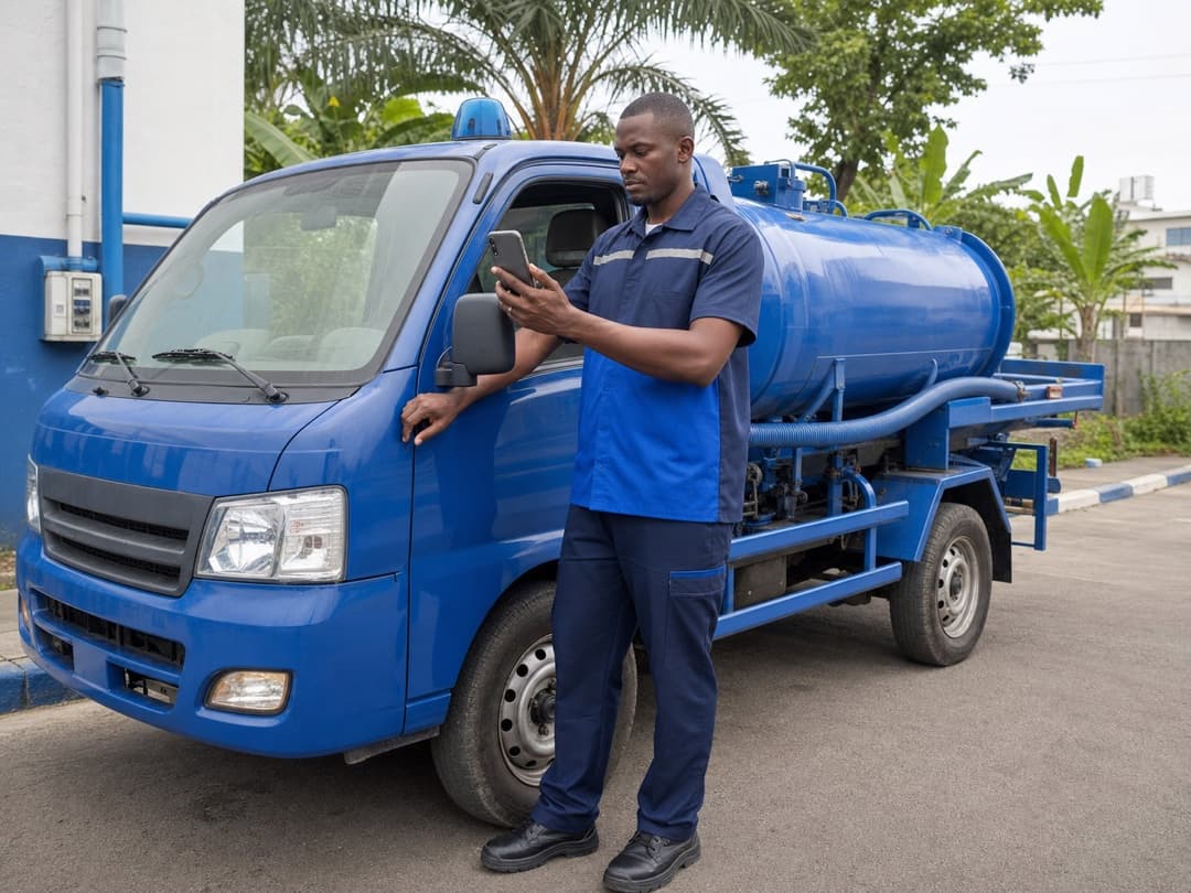 Livreur gabonais préparant son itinéraire près d'un camion-citerne d'eau